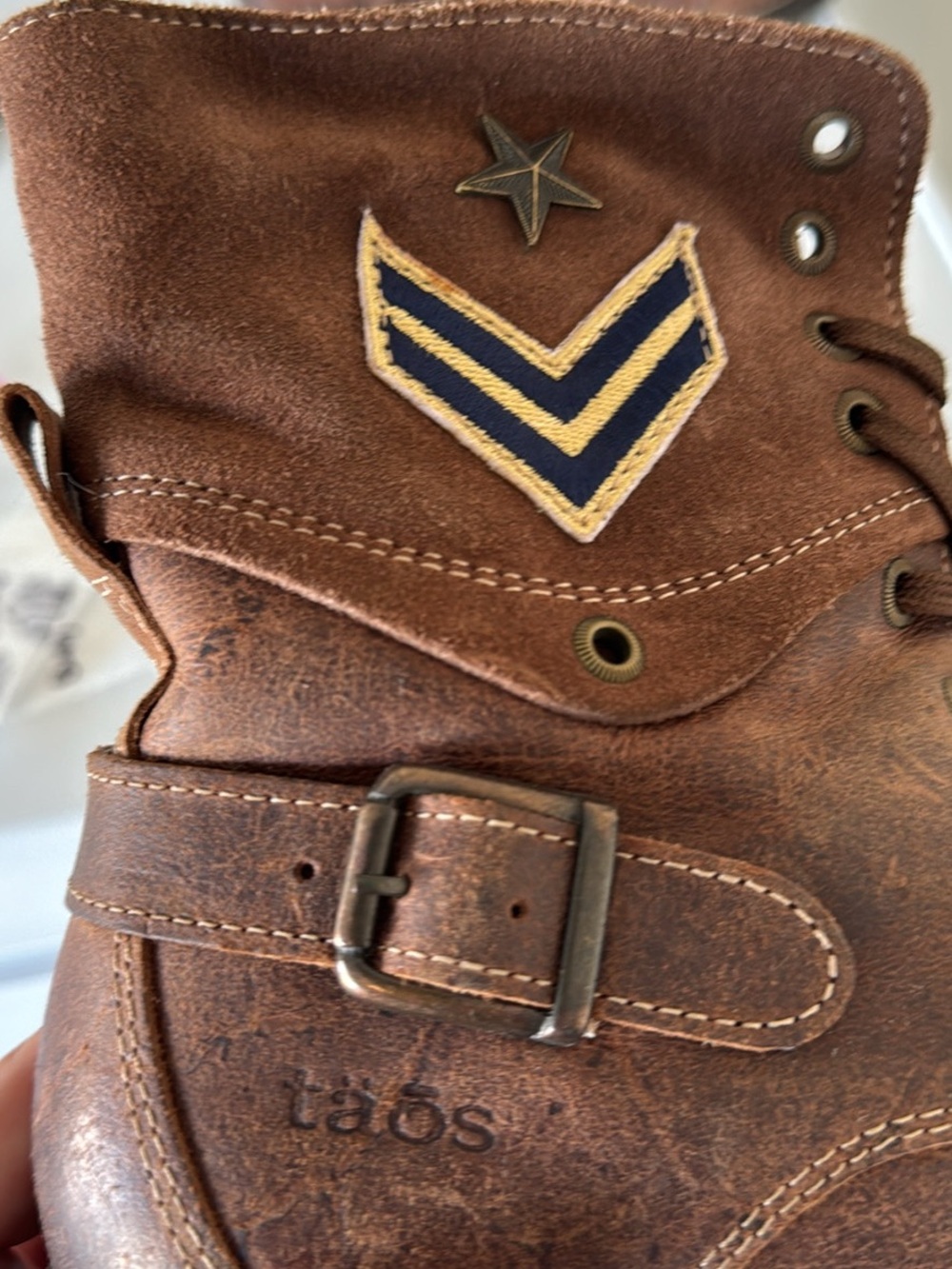 Taos Footwear Brown Suede Combat Boots with Navy & Cream Chevron Patch - Picture 2 of 3